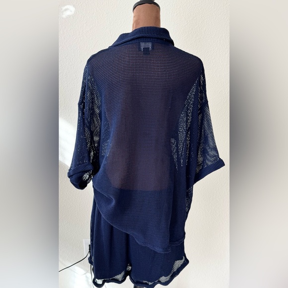 Lumiere Textured Navy BlueTwo-Piece Set - see through top and lined shorts. - Picture 2 of 10